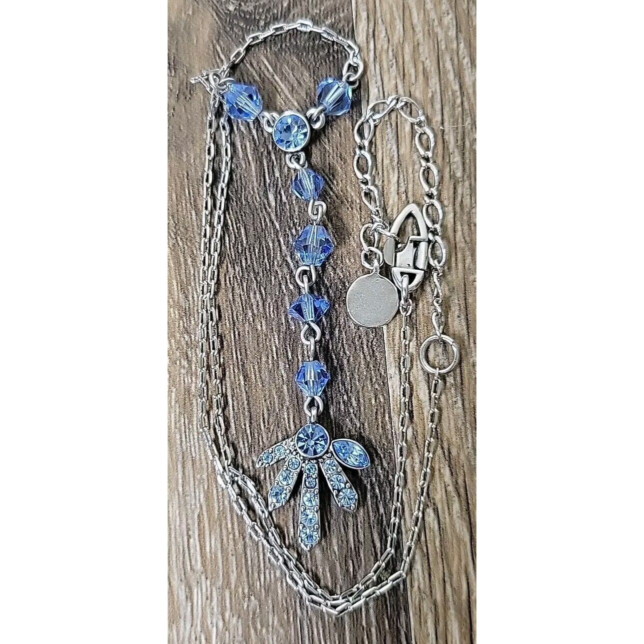 Givenchy Silver-Tone Chain Link Blue Crystal Frontal Pendant Stone Necklace 67$